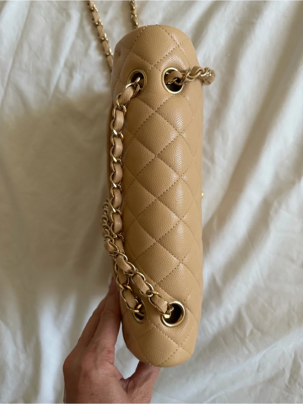 CHANEL Beige Quilted Medium Double Flap Bag with Gold Hardware